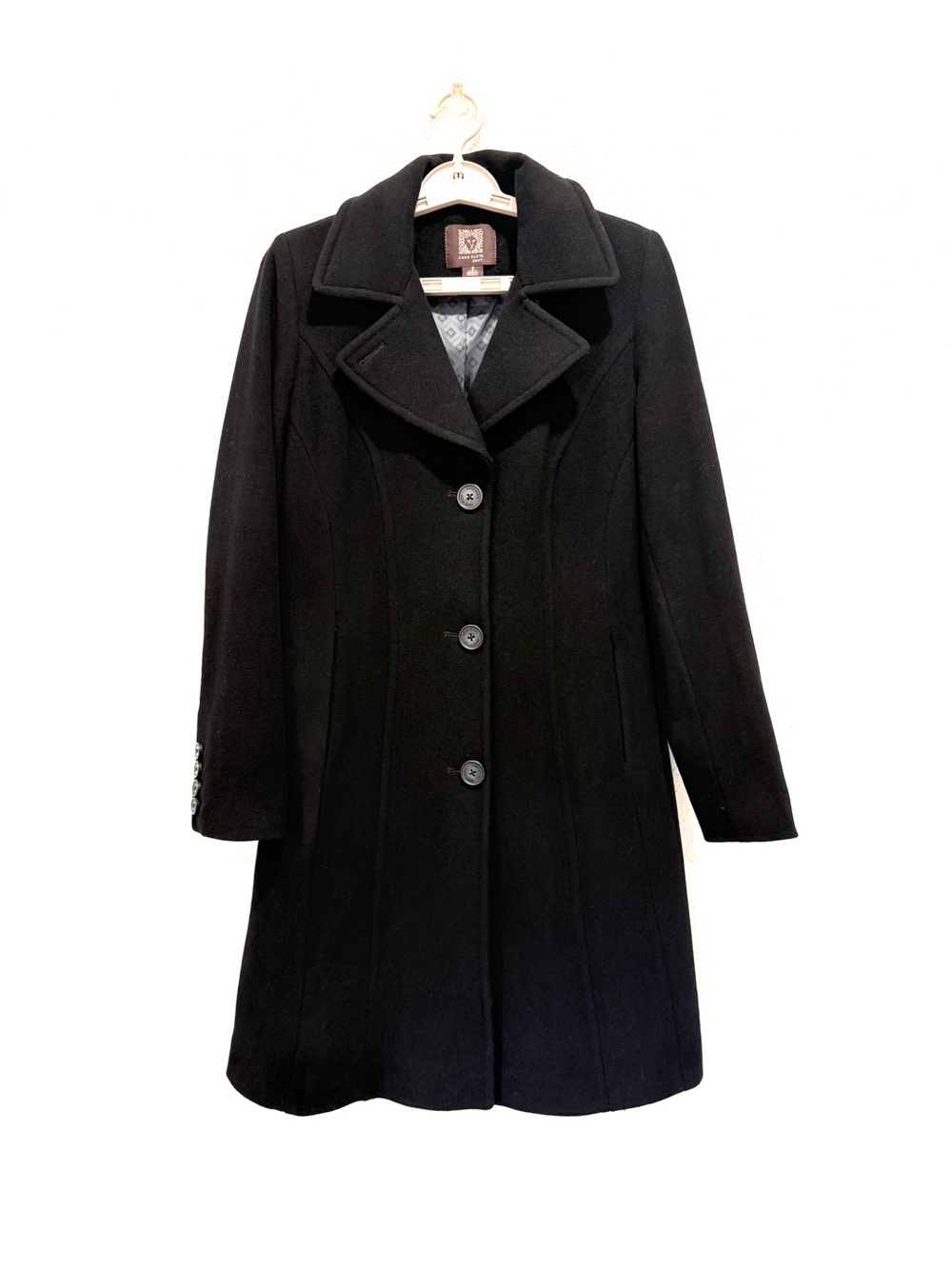 Anne Klein wool nylon cashmere blend Black Single-Breasted Pea Coat 2 - Picture 3 of 15